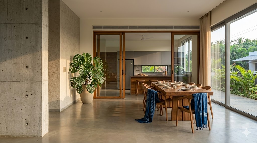 Interior view of a modern Indian home's open living-dining volume with an L-shape teak dining table for six in the middle ground, an exposed concrete column to the left, polished cement IPS flooring in warm grey, and the kitchen breakfast counter just visible at the back behind a sliding teak-and-glass partition — illustrating the hybrid open-public-zone-with-screened-wet-kitchen arrangement