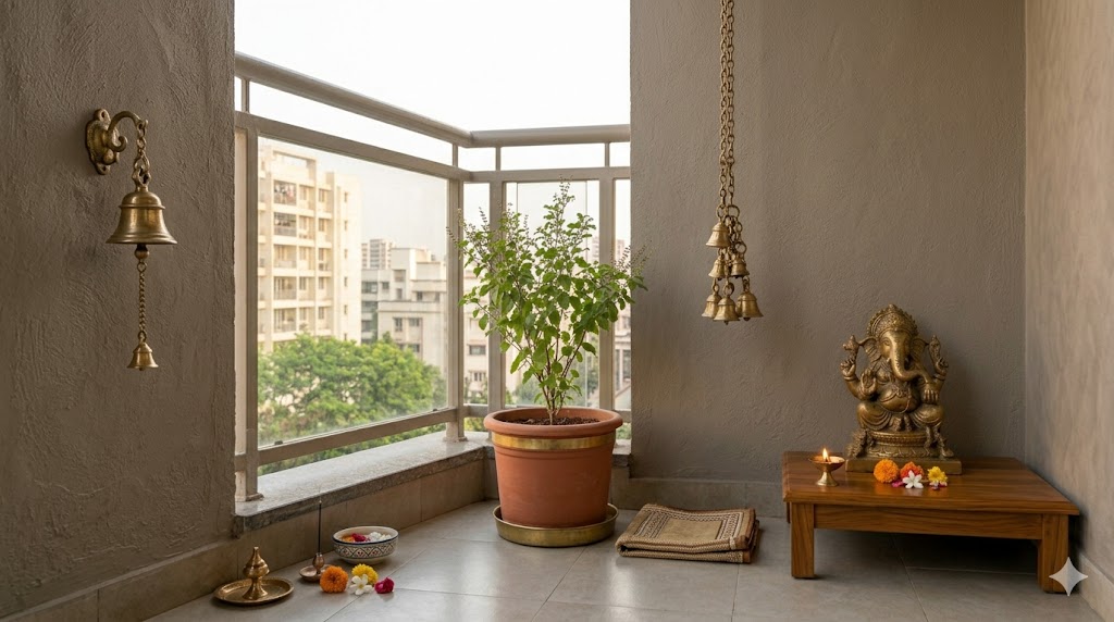 An outdoor balcony pooja corner with a small teak chowki in one corner holding a brass Ganesha and a clay diya, a single tulsi planter in a brass-trim terracotta pot beside the chowki, a small brass bell hanging from the wall and soft morning daylight