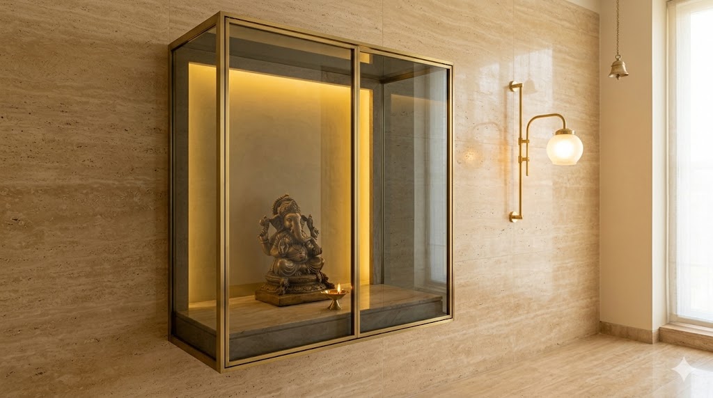 A glass-and-brass modern pooja unit with a 1.5m tall wall-mounted unit framed in slim brass, the idol subtly visible through tempered grey-tinted glass, a hidden warm LED inside, a polished marble base and a brass swing-arm wall lamp beside