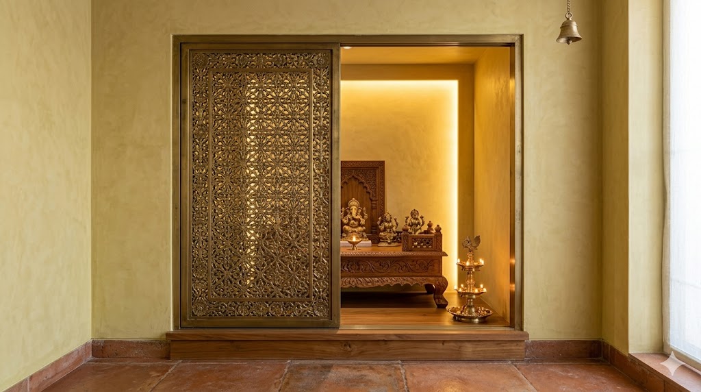 A heritage-style pooja alcove with a hand-engraved brass jali sliding door half open revealing a teak mandap-style platform with brass idols, hidden warm light inside the alcove, a brass diya stand on a step and a terracotta floor