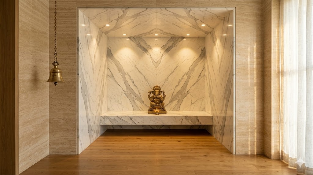 An ultra-luxury marble pooja zone with full-height book-matched Statuario marble walls, a single floating marble step as platform with a brass idol centred, recessed warm spotlights, a brass bell hanging beside and an oak floor