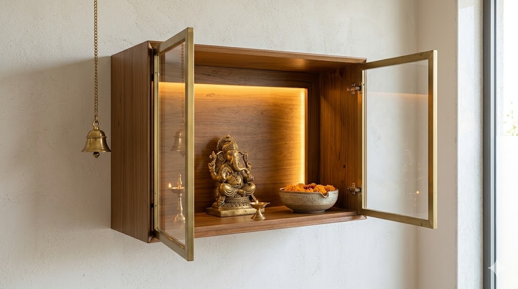 A wall-mounted modern teak pooja unit with two glass-shutter doors open showing a small Ganesha idol, a brass diya and a stoneware bowl of marigold petals inside, with a warm LED strip washing the idol and a brass bell beside