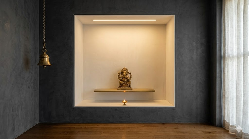 A monochrome modern pooja niche in a charcoal-microcement wall, the niche interior in matte off-white plaster with a single brass Ganesha idol on a slim brass shelf, a single linear LED at the top of the niche and a dark oak floor below