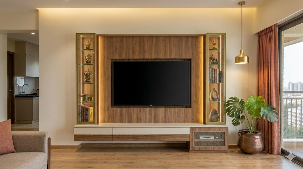 A compact-apartment TV unit solution — a 1.6m wall-mounted TV, a slim 200mm floating drawer beneath in two-tone laminate (matte cream on top, walnut wood-grain bottom), one closed cabinet with a built-in vent for set-top box and modem, and generous daylight from a balcony door