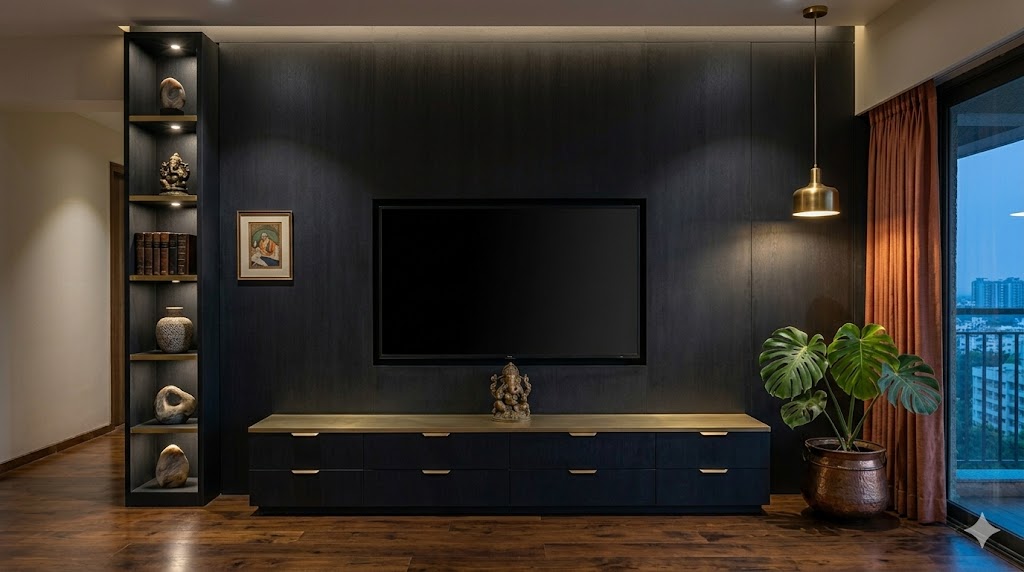 Moody dark-toned TV unit composition with charcoal PU full-wall feature, floor-to-ceiling open-shelf column, and brass-trim shelves