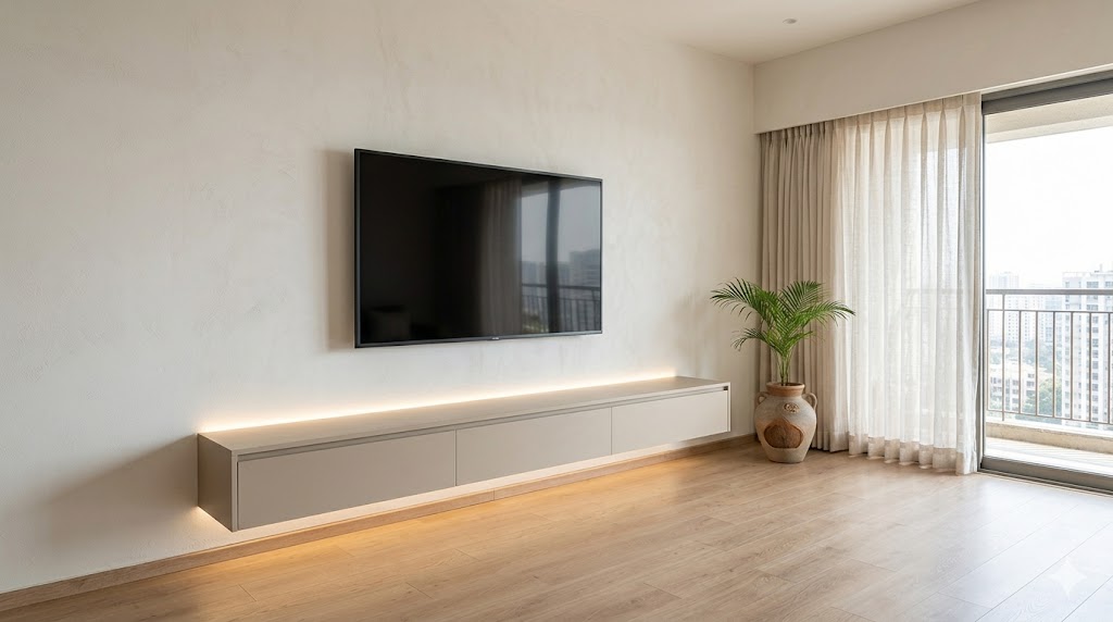 Floating minimal TV unit composition in a contemporary Indian apartment with single floating drawer band and warm LED