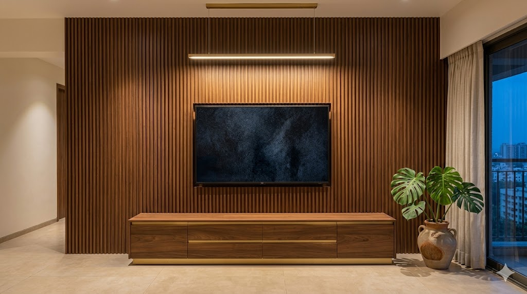 Full-wall vertical fluted panel TV unit composition in warm walnut with brass-trim drawers and brass linear pendant