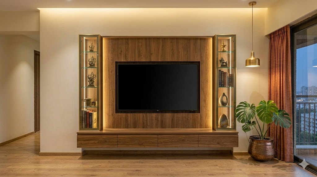 A TV unit composition featuring tempered grey-tinted-glass display cases flanking the TV on a mid-tone wood-veneer-clad wall, two tall full-height glass display cabinets with thin brass framing housing collectibles, warm LED inside each cabinet and a low floating console