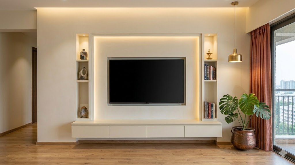 A TV-unit alcove composition with the TV recessed into a clean drywall alcove with stepped reveal detailing, a low storage shelf beneath in cream laminate, two slim vertical open niches on either side housing decorative ceramics and a brass diya, and soft hidden cove LED lighting