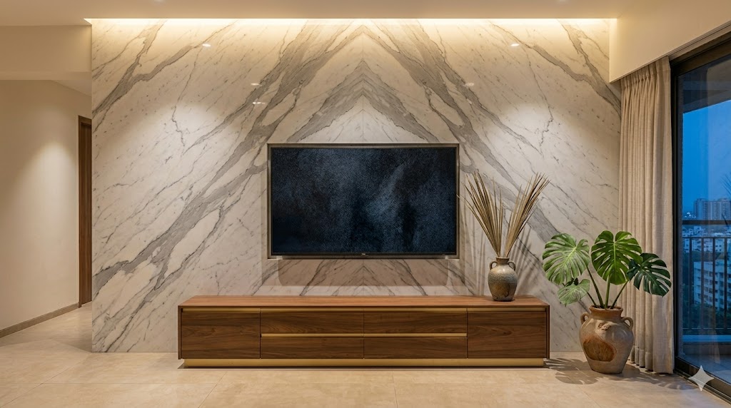 Luxury TV unit composition with full-height book-matched Statuario marble slab behind the TV and brushed-brass-edged walnut console