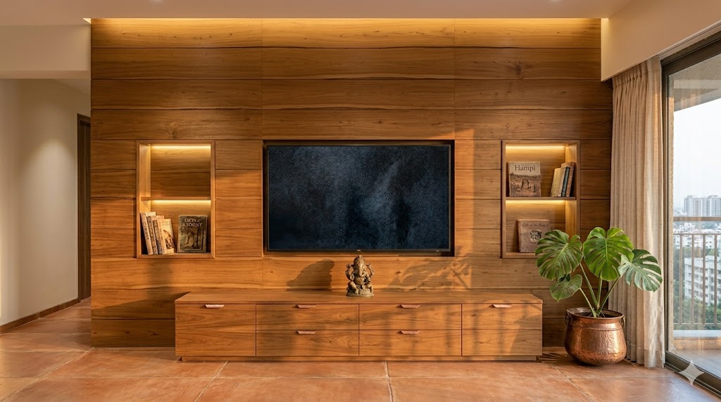Warm wood-clad TV unit composition with horizontal teak veneer wall cladding, recessed TV, and copper-pull drawer band