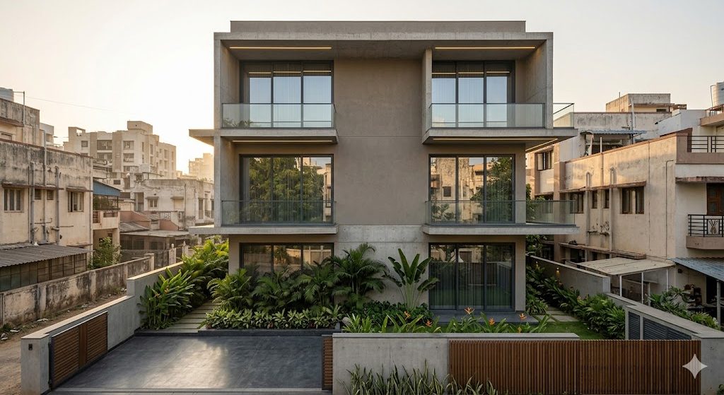 Contemporary urban Indian residence in the modern RCC-frame paradigm: rectilinear concrete volume, large aluminium-framed glazing, cantilevered balconies on a mid-sized tropical plot, late-afternoon light raking across the façade