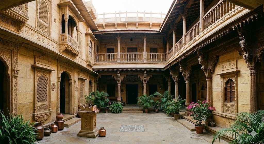 Traditional Indian courtyard haveli: thick load-bearing sandstone masonry walls, hand-carved timber columns and brackets, deep chajja shading, jharokha bay windows, soft daylight raking down into a central chowk