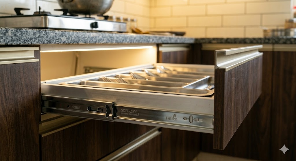 Close-up of a premium Hettich- or Blum-style soft-close drawer pull-out extended 90% with a clean cutlery insert visible, polished chrome rails, the engineering of the rails clearly readable