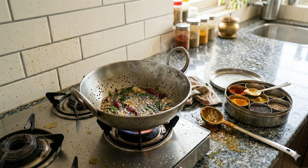 Close-up of an Indian kitchen stove with a high-heat tadka in progress in a stainless steel kadai — mustard seeds, curry leaves and red chillies spluttering in oil, masala dabba on the counter, sealed granite backsplash behind the stove