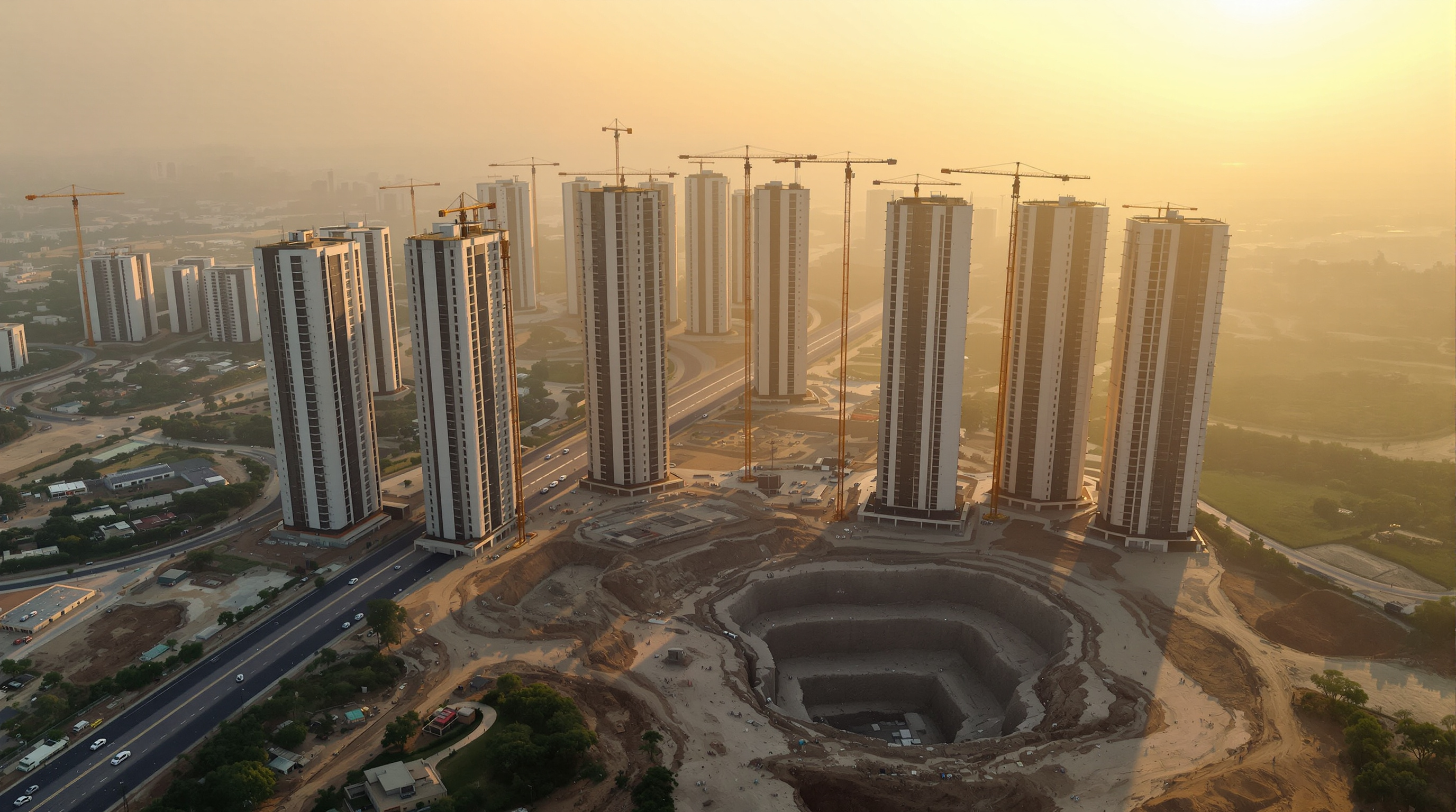 Aerial view of a large Indian residential township under construction with multiple high-rise towers and landscaped grounds
