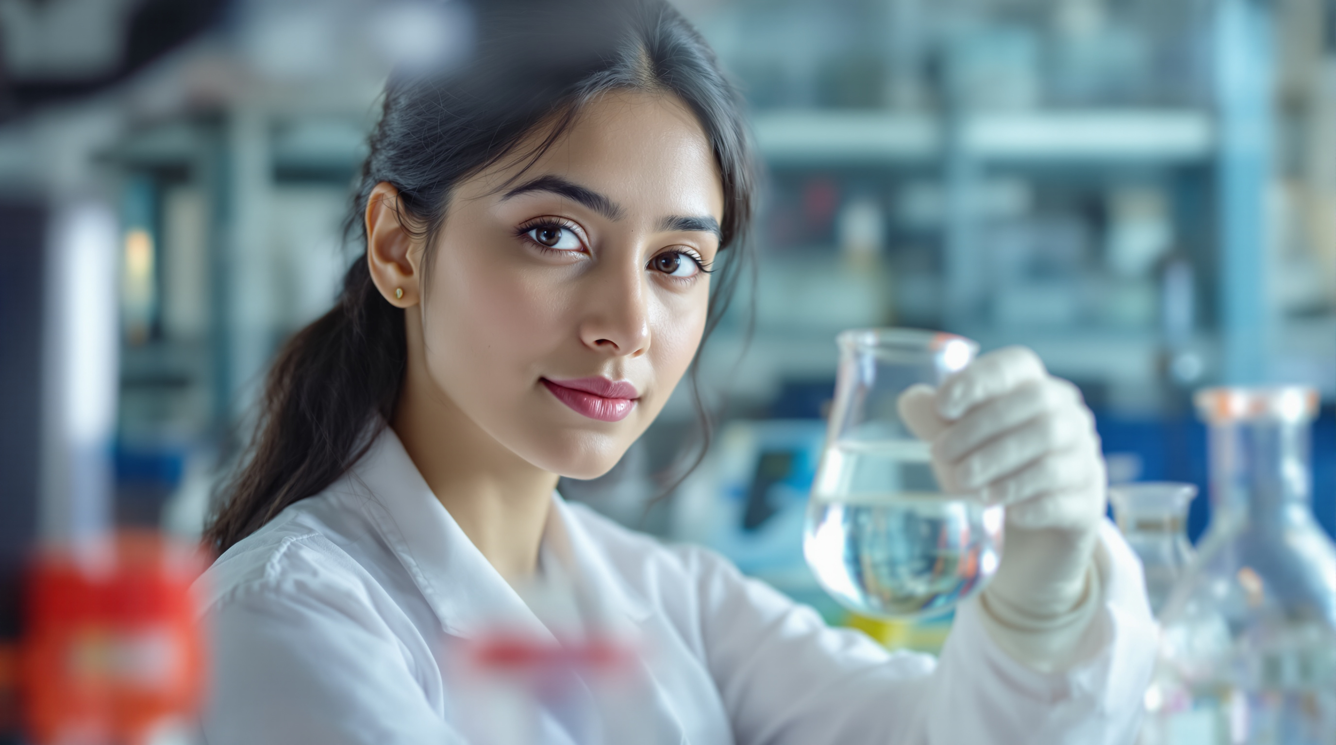 An Indian laboratory technician testing a sample of treated water in a beaker at a water-quality lab bench