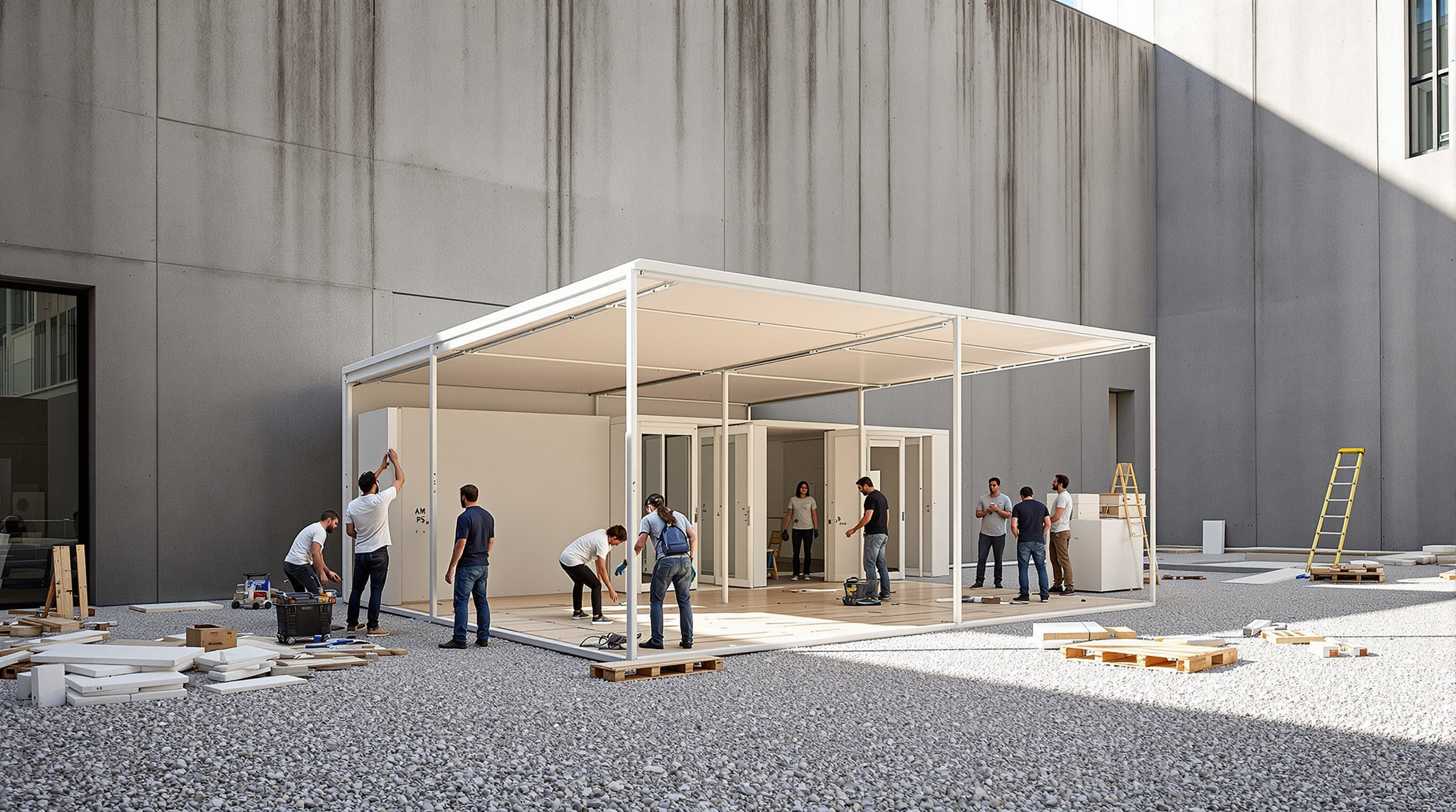 Volunteers and interns assembling a Young Architects Program pavilion in the MoMA PS1 courtyard, lifting lightweight modular components into a canopy against the tall concrete walls, tools and offcuts scattered on the gravel