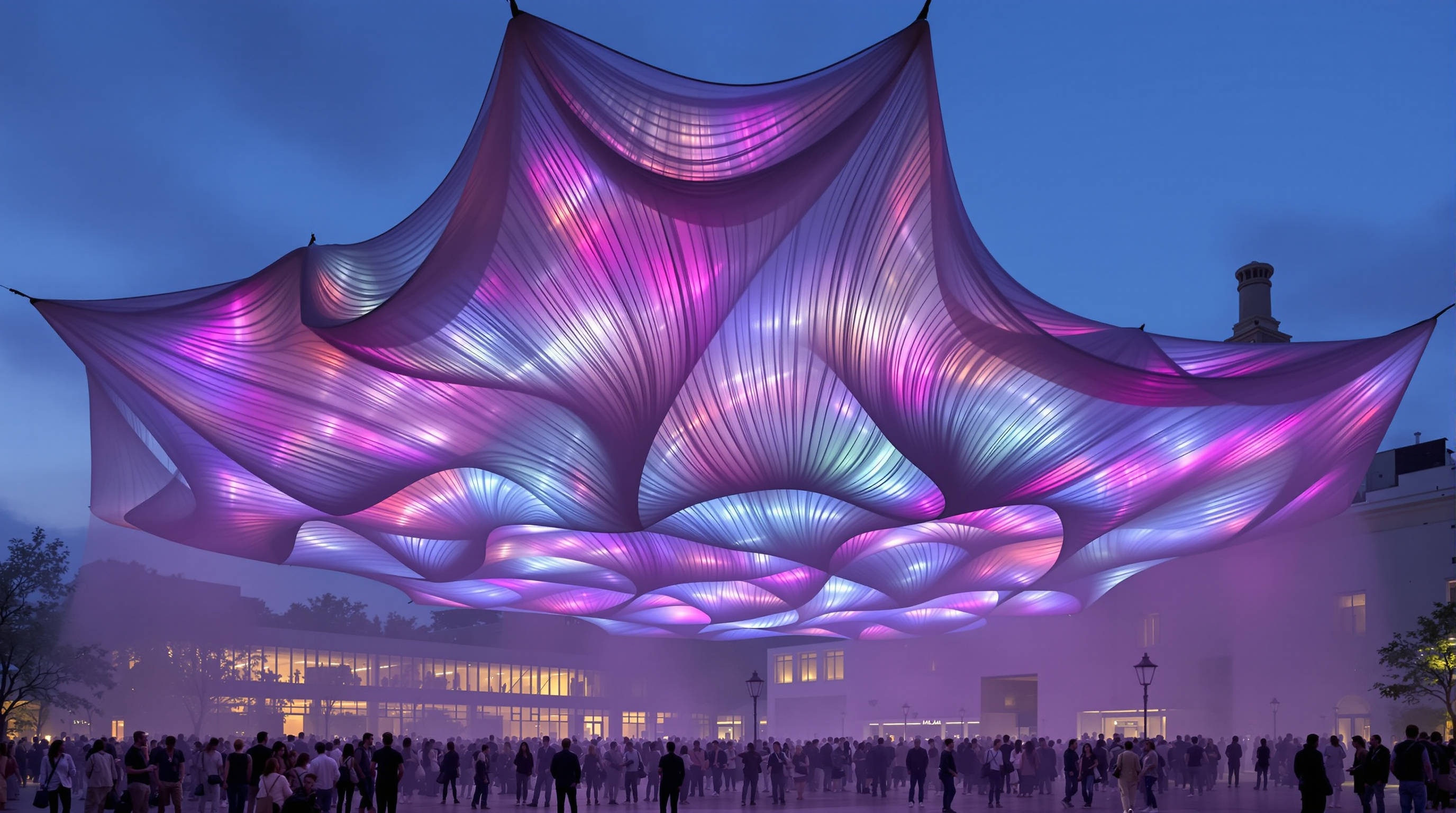 A robotically knitted, glowing fabric canopy in the style of Jenny Sabin's Lumen suspended across the MoMA PS1 courtyard at dusk, its translucent tubular cells shifting from rose to violet as photoluminescent yarns emit stored light above a misted crowd