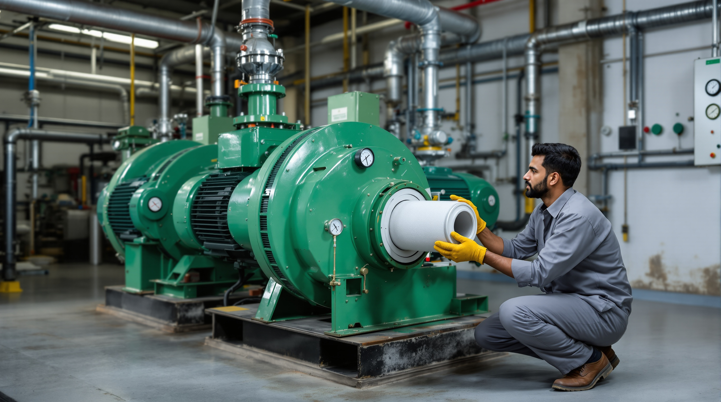 An Indian STP operator servicing an air blower, cleaning the intake filter and checking the drive belts on a mechanical plant-room skid