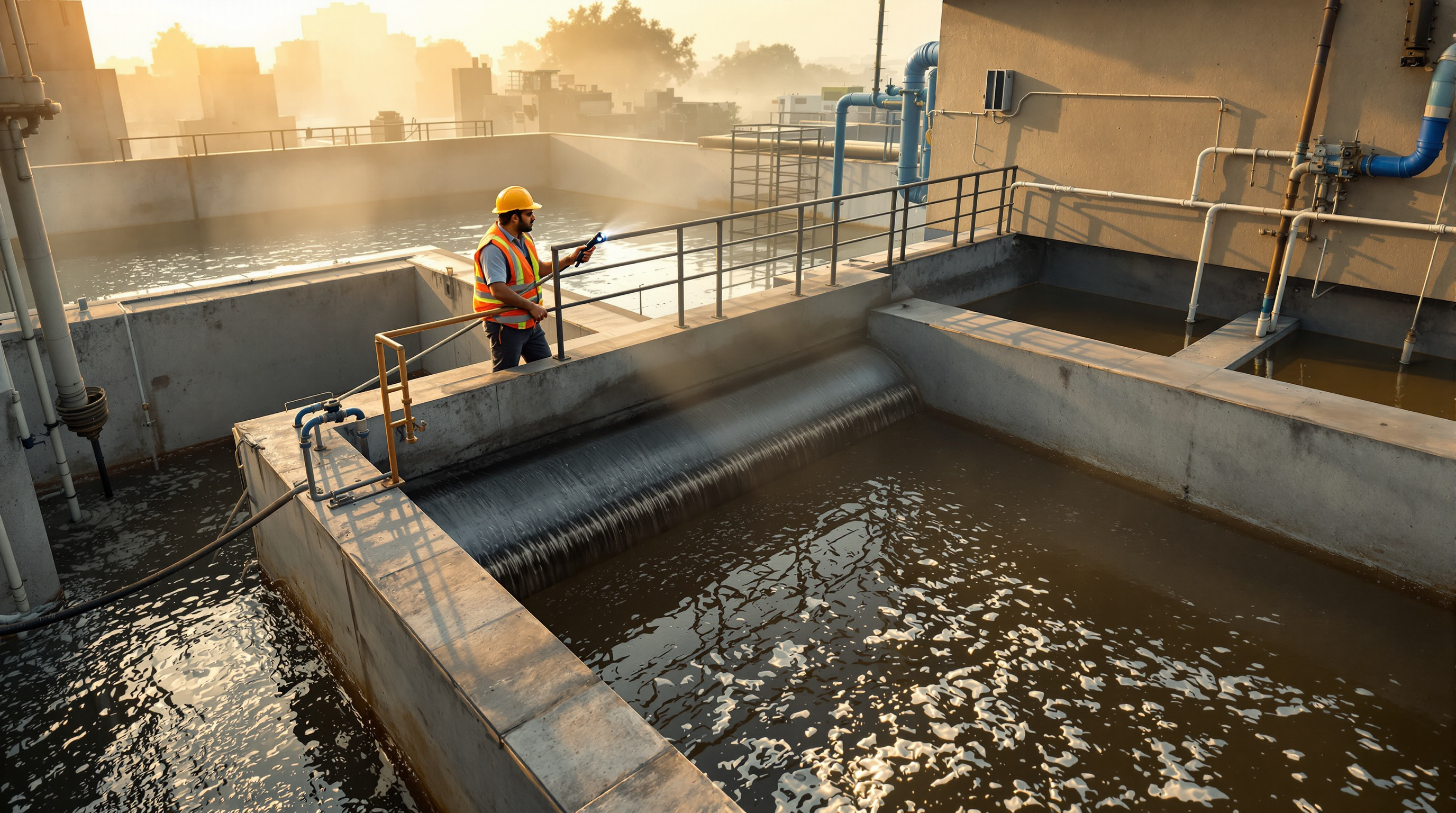 An Indian STP technician inspecting an open aeration tank with a torch, checking the churning water surface and concrete walls