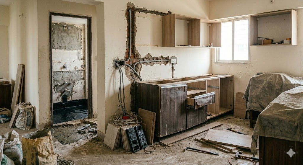 An Indian home interior mid costly rework — a swollen modular cabinet being dismantled, a wall chased open for new electrical points, and a bathroom stripped back for re-waterproofing, documentary photograph
