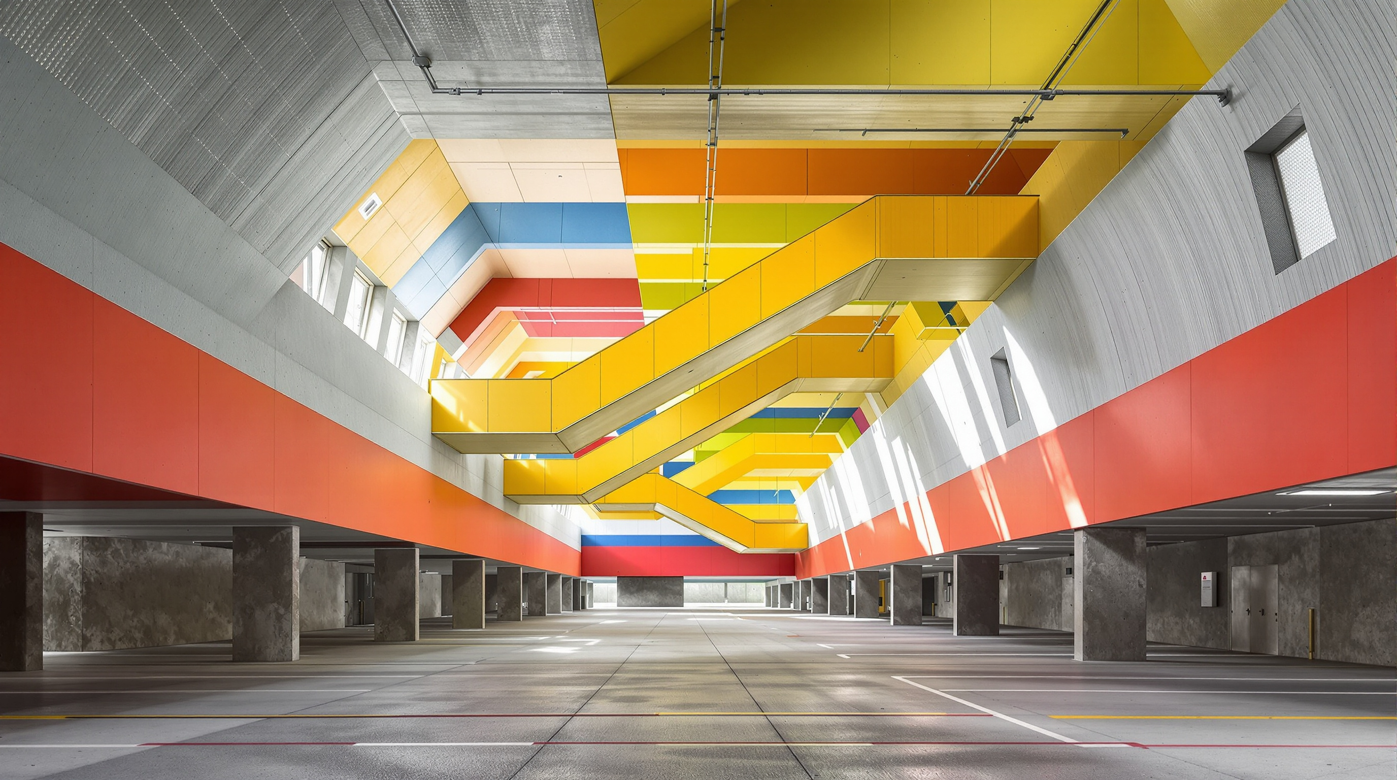 Inside the Mountain Dwellings car park: a vast sloping concrete interior with brightly painted colour-block ceilings and ramps climbing at an angle, daylight filtering through the perforated aluminium wall, giving the utilitarian garage an almost cathedral-like volume
