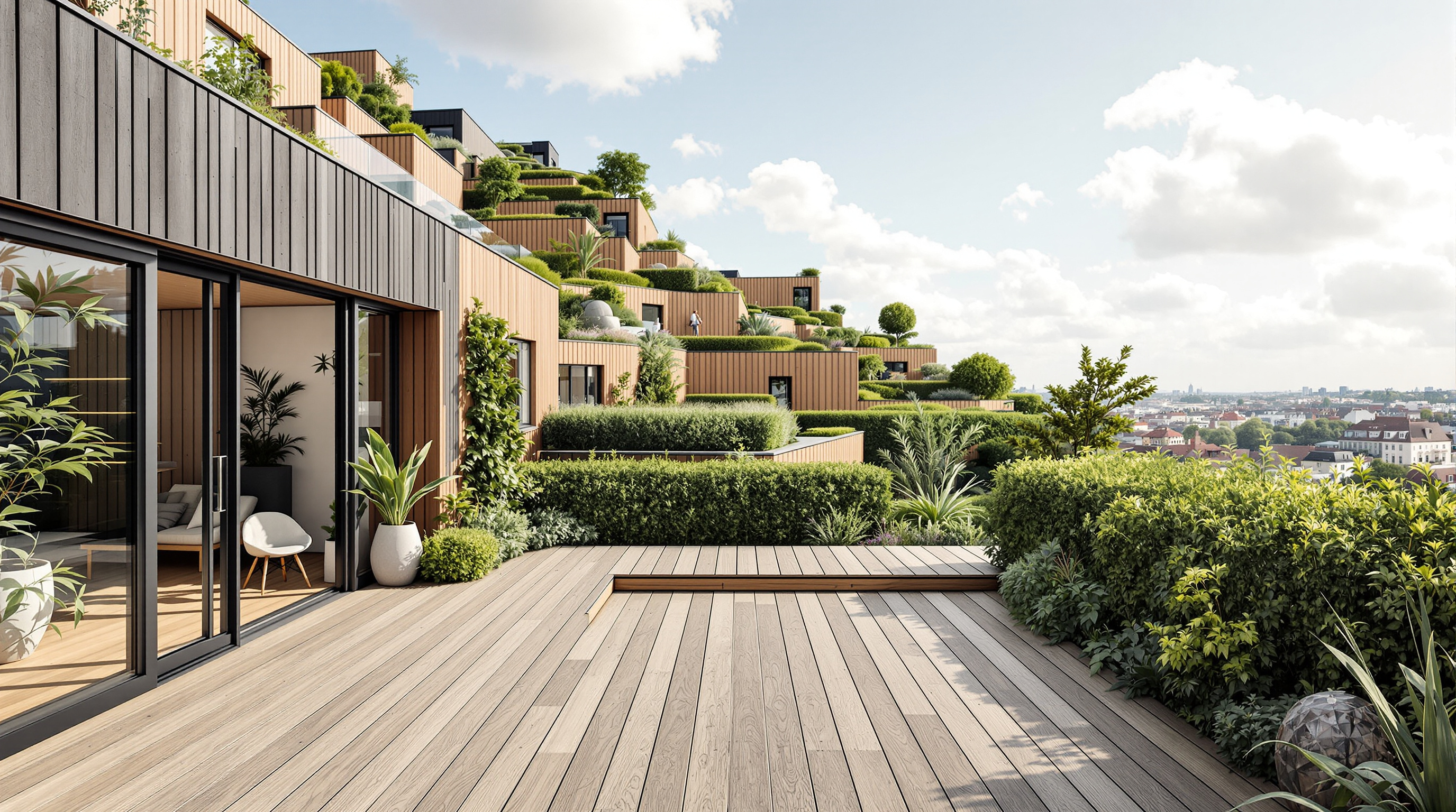 Close view of a single Mountain Dwellings terrace: a large timber-decked roof garden with mature planting and a hedge, opening off a glazed L-shaped apartment, with the stepped green terraces of neighbouring homes cascading down the slope beyond and the Copenhagen sky above
