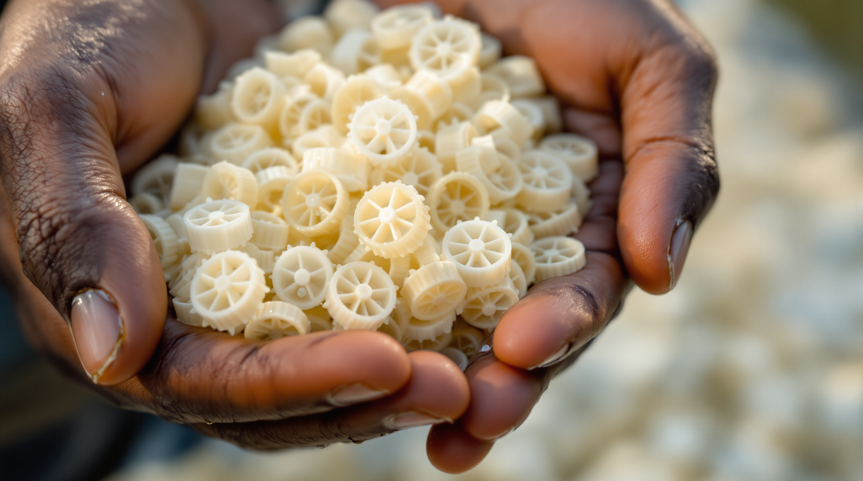 Close-up of a handful of small white wheel-shaped HDPE biofilm carrier media held in cupped hands