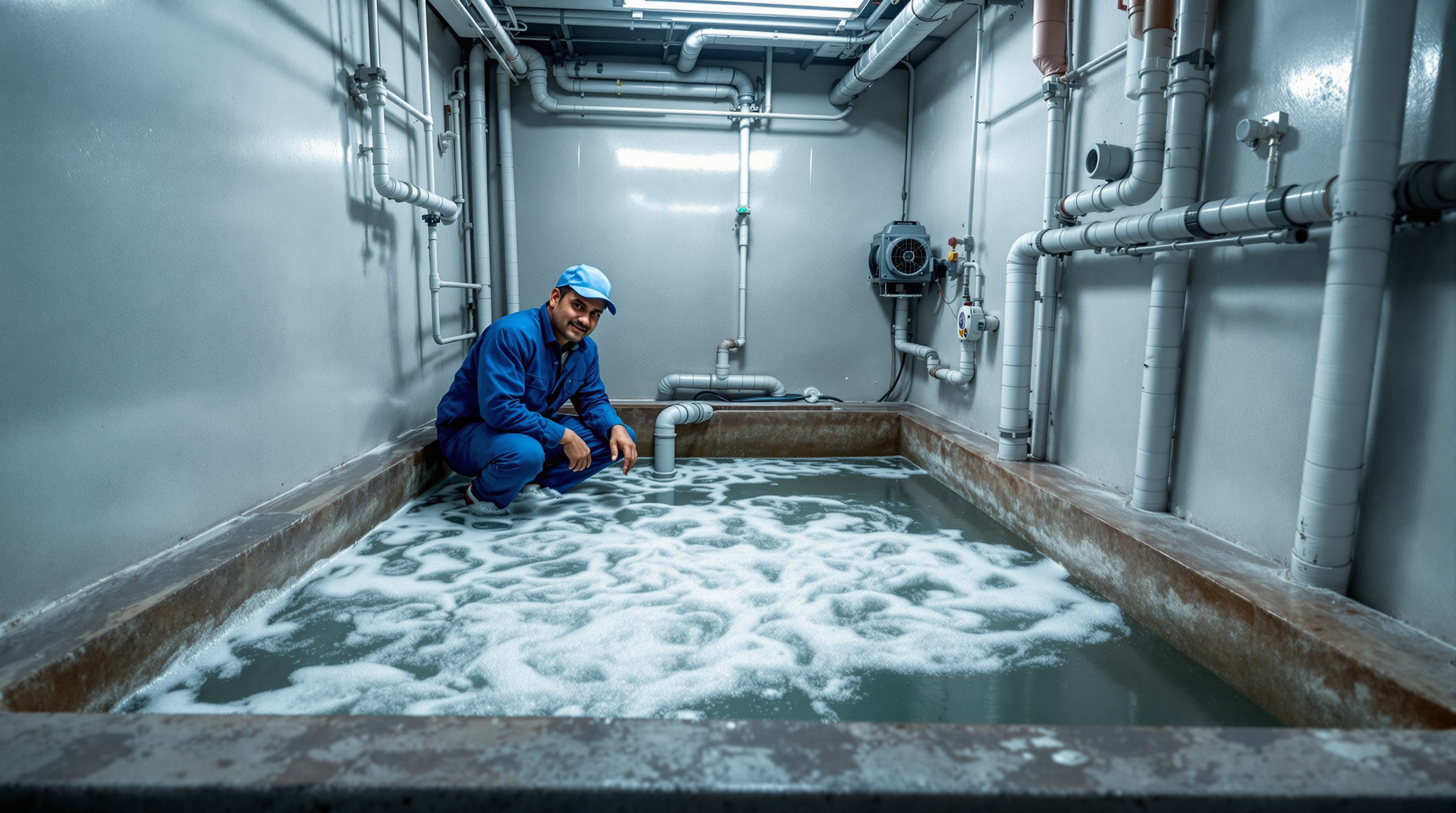 Indian STP operator inspecting a compact basement sewage treatment plant with a bubbling aeration tank in a residential apartment complex