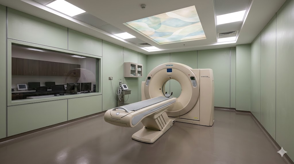 CT scanner room — calming ceiling pattern, lead-shielded panels, lead-glass viewing window to console