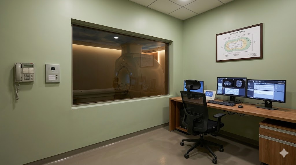 MRI control room — RF-treated window into magnet room, three-monitor workstation, professional reading environment