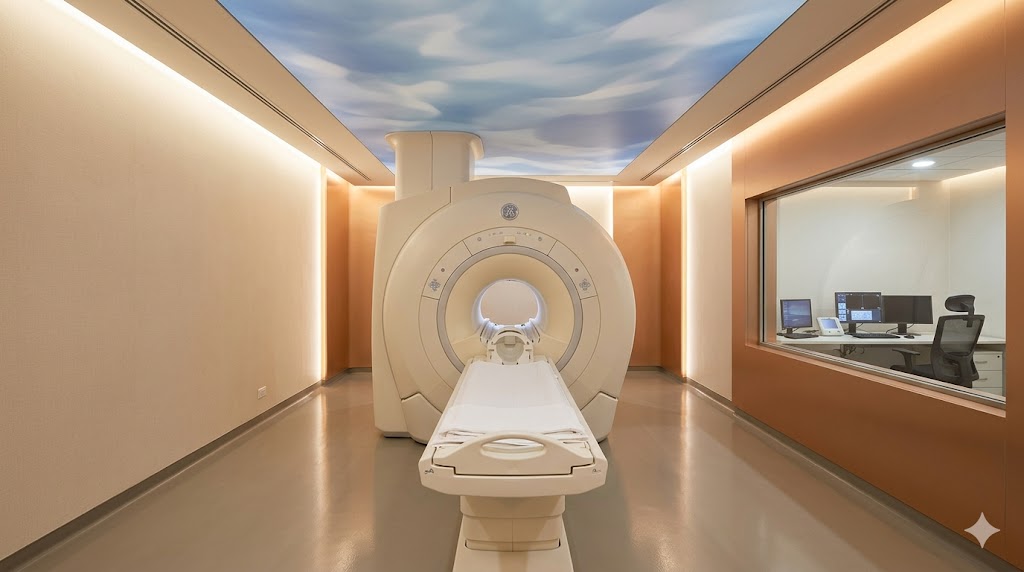 3T MRI magnet room — Faraday RF-cage construction, calming ceiling mural, RF-treated viewing window to console