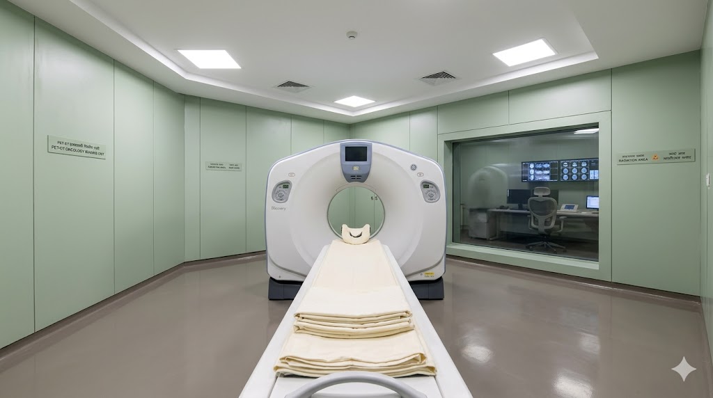PET-CT scanner room — combined CT and PET gantry, lead-shielded sage-green panels, dedicated console viewing