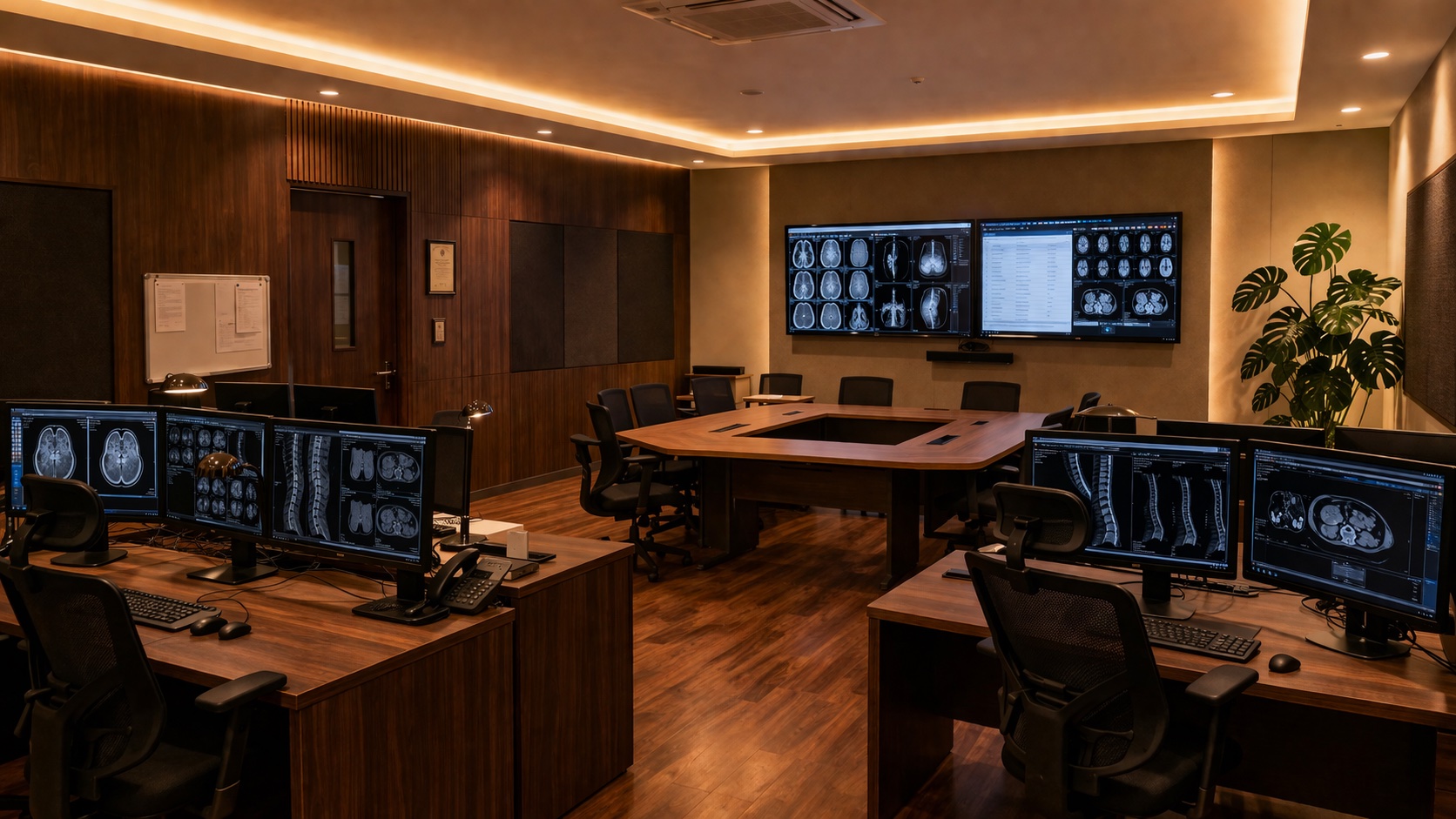 Radiologist reading and reporting room — calibrated medical-grade displays, low ambient 100-lux lighting, tumour-board area at far end