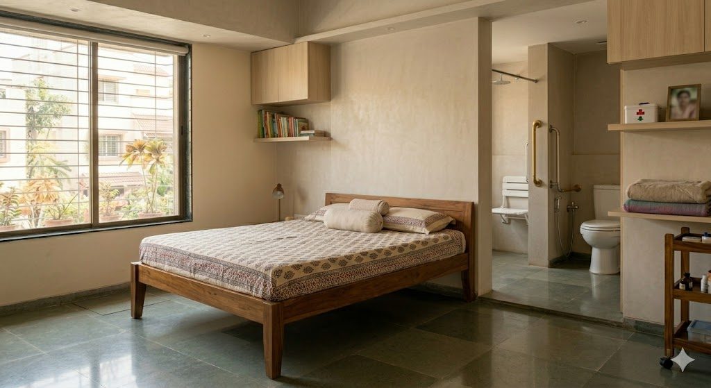 An accessible ground-floor grandparents' bedroom in an Indian home, with a low bed reachable from both sides, a wide step-free doorway to an attached bathroom, grab bars visible and warm daylight, documentary photograph