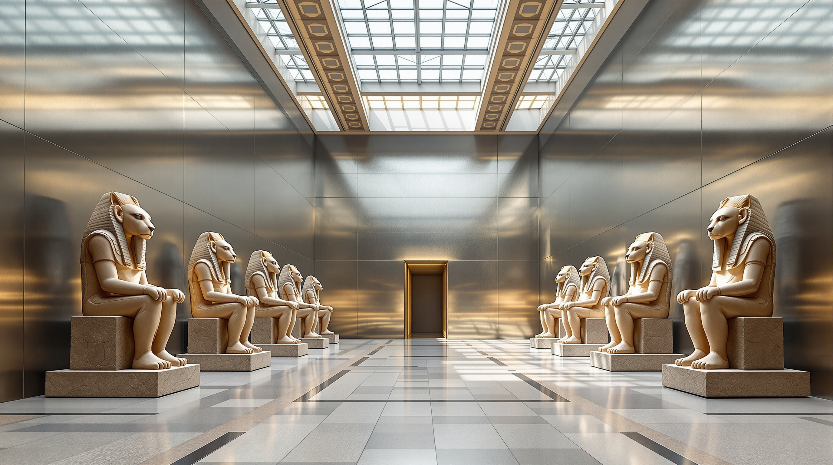 The revamped Gallery of the Kings at Museo Egizio: colossal seated statues of the lion-headed goddess Sekhmet in a row beneath cool reflective aluminium walls, daylight falling from high clerestory windows onto the ancient stone