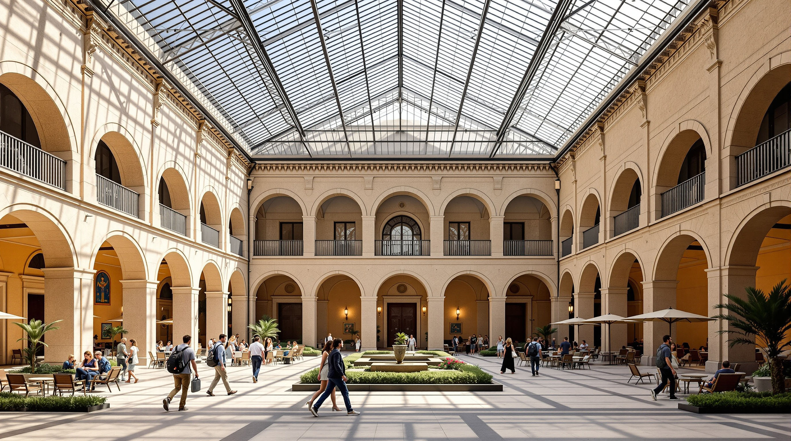 Visitors crossing the covered Piazza Egizia at Museo Egizio, a luminous double-height square where reopened Baroque stone arches meet a minimal steel-and-glass roof, an Egyptian garden and café tables occupying the reclaimed courtyard