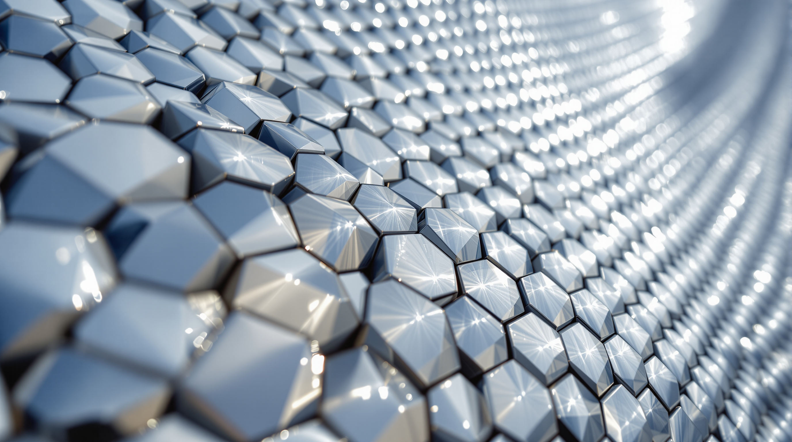 Extreme close-up of the Museo Soumaya facade showing rows of small mirrored aluminium hexagons separated by millimetre-thin gaps, each tile reflecting the sky at a slightly different angle so the surface reads as a shimmering silver mesh