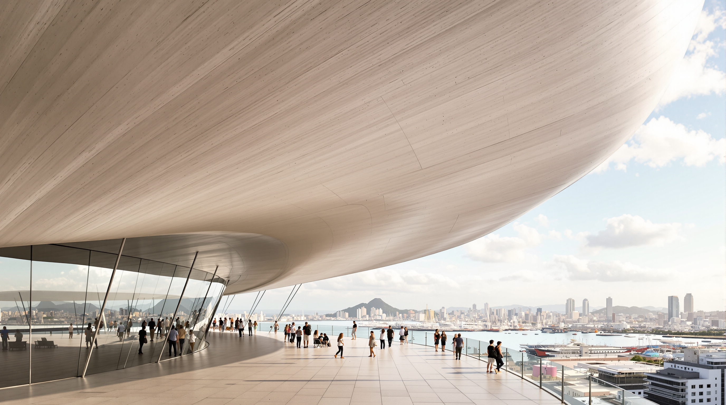 Looking up beneath the undulating white concrete canopy of the Museu de Arte do Rio, its thin rippling underside curving overhead like a frozen ocean wave, supported on very slender pencil-thin steel columns, with people gathered on the open rooftop terrace and the Rio harbour visible beyond