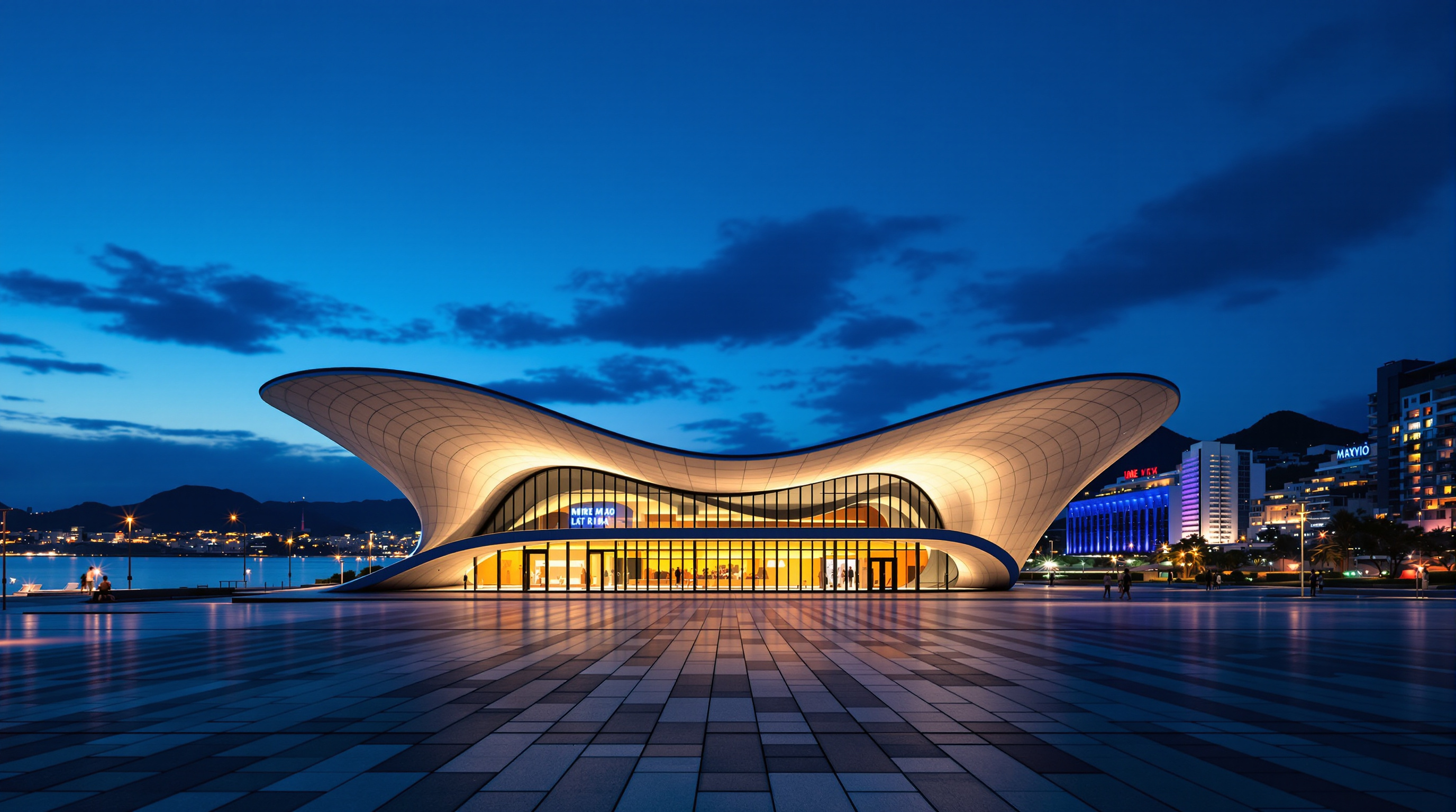 The Museu de Arte do Rio seen across Praca Maua at dusk, the illuminated wave canopy glowing above the joined palace and modern slab, with the AquaRio and the redeveloped Porto Maravilha waterfront and cable-stayed structures of the regenerated port district in the background