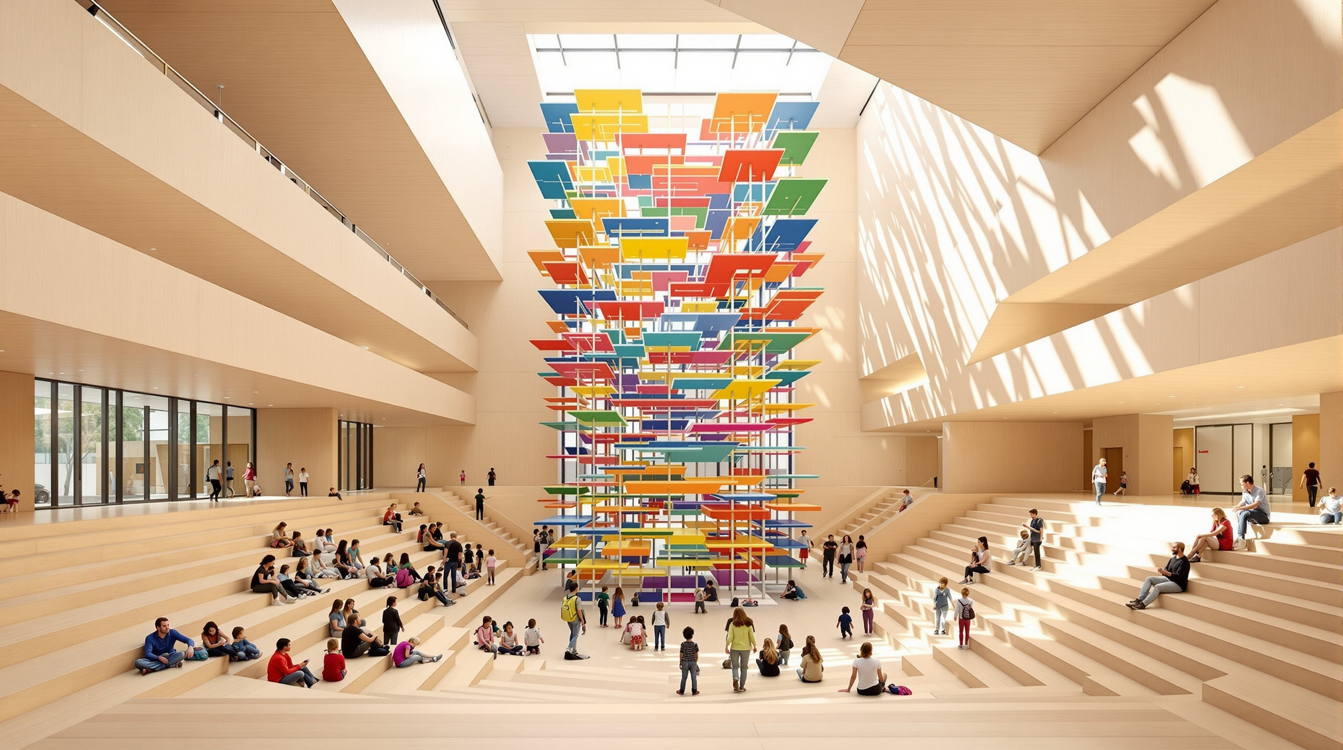 The triple-height Commons atrium inside MuSo, a light-filled amphitheatre of pale timber steps where children gather, with a bright multi-storey Luckey Climber sculpture of coloured platforms rising through the void behind them