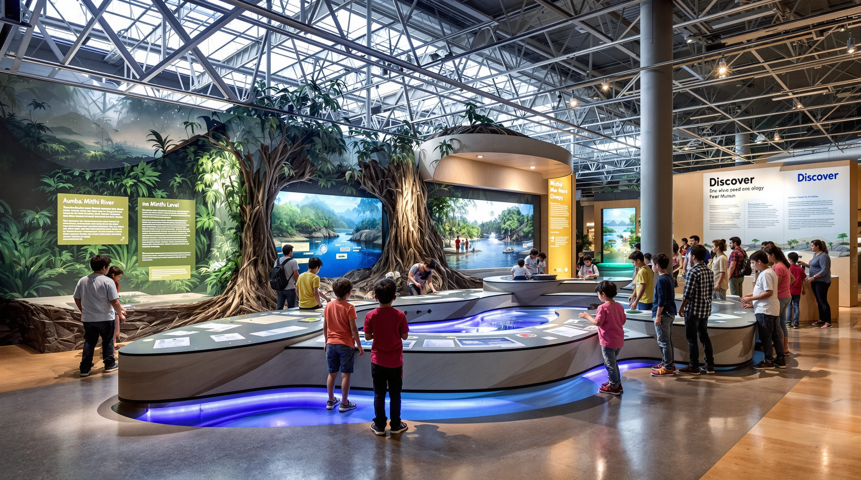 Children on the Discover floor of MuSo exploring an immersive exhibit about Mumbai's Mithi River and mangrove ecology, standing at a low interactive water-level installation surrounded by tactile panels, in a naturally lit open floor plate with exposed steel structure overhead