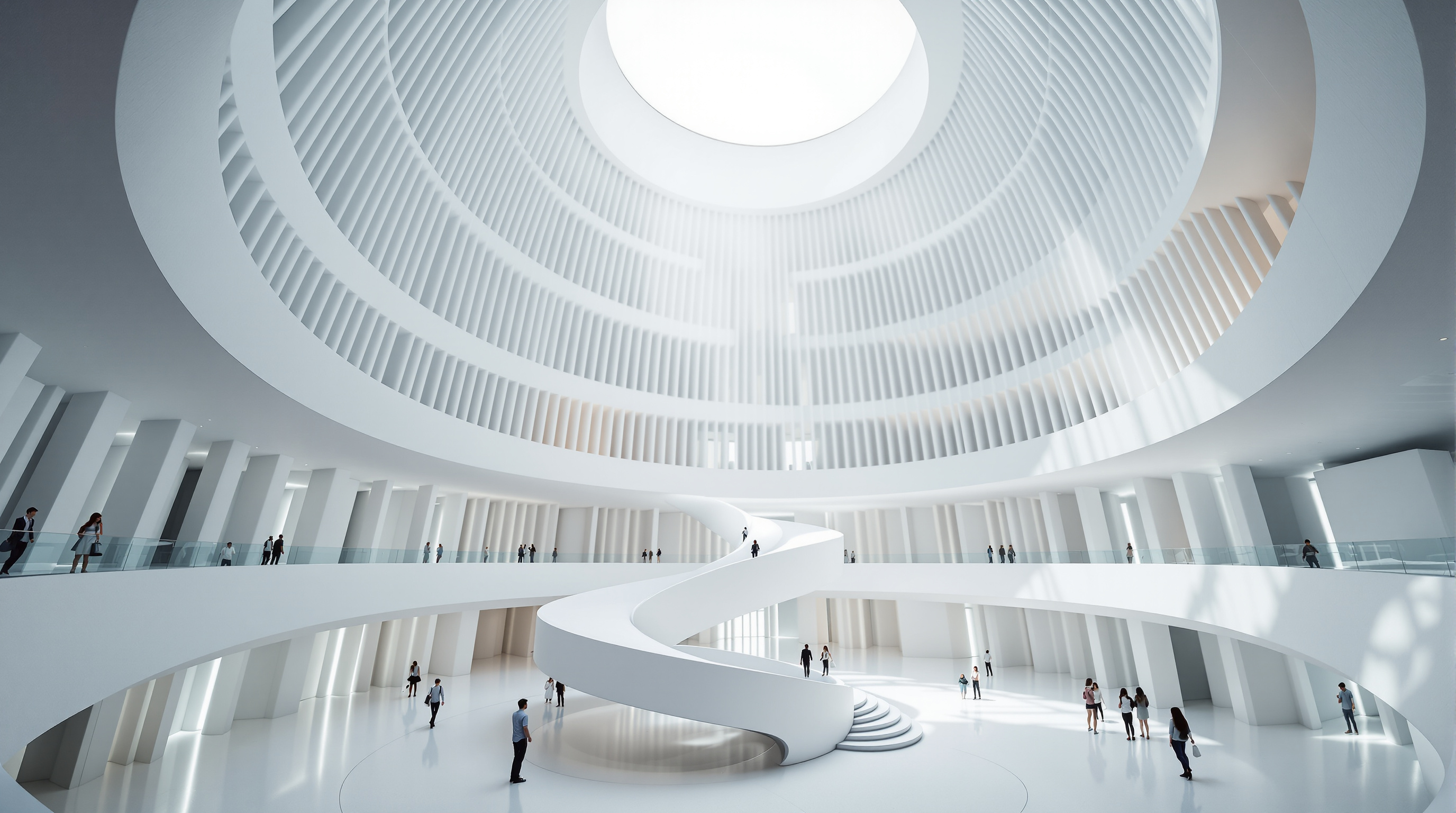 Looking up inside the Museum of the Future's atrium: a bright, column-free white void ringed by curving balconies and a helical stair, daylight pouring down from the elliptical opening far overhead