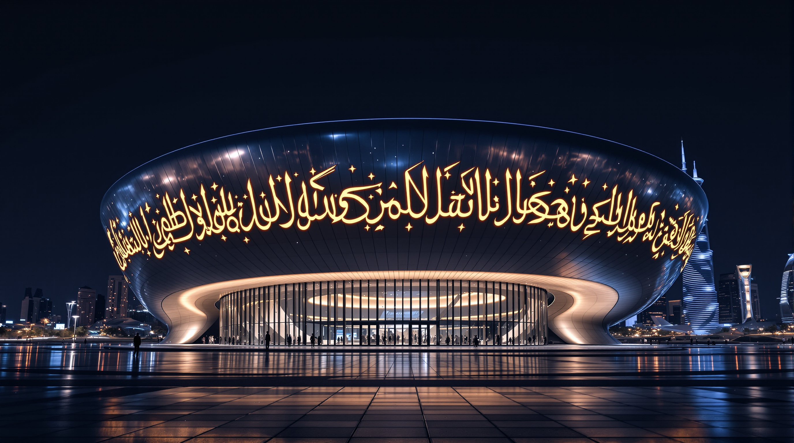 The Museum of the Future glowing at night, its silver torus lit so the flowing Arabic calligraphy reads as bright script against the dark shell, the elliptical void framing the illuminated Dubai skyline beyond