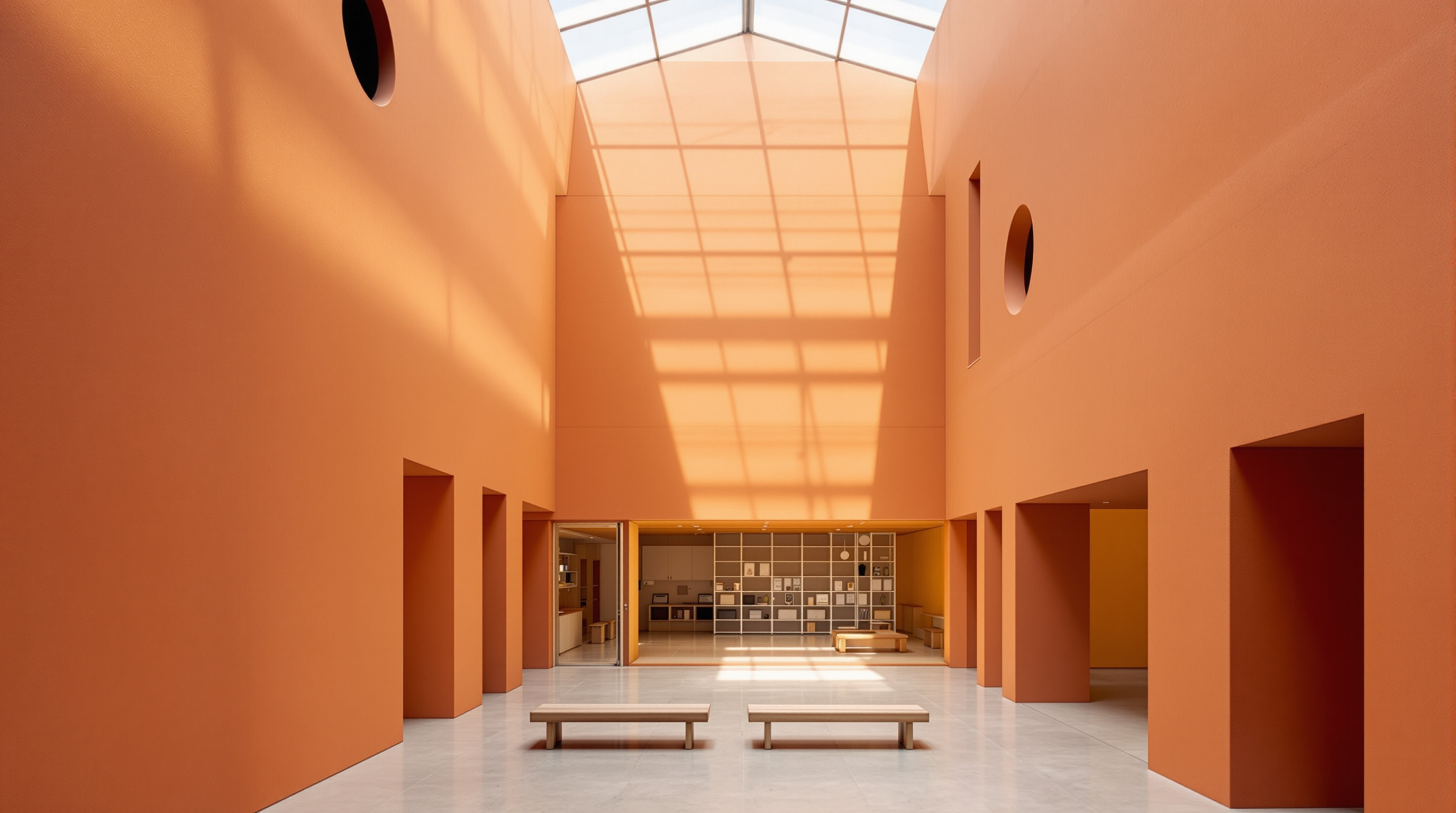 Interior of the MOWAA Institute atrium, daylight falling from a rooflight onto smooth ochre rammed-earth walls, a conservation study area visible through a wide opening, timber benches and polished concrete floor