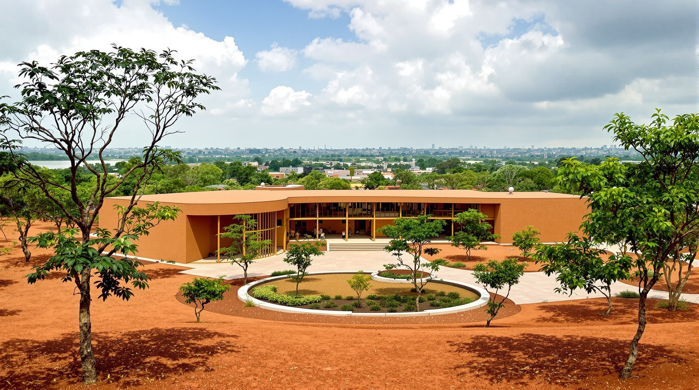 Wide view of the MOWAA Creative Campus: the low ochre rammed-earth Institute among young indigenous trees and cleared red-earth ground, with an open-air amphitheatre and gardens, the outskirts of Benin City beyond
