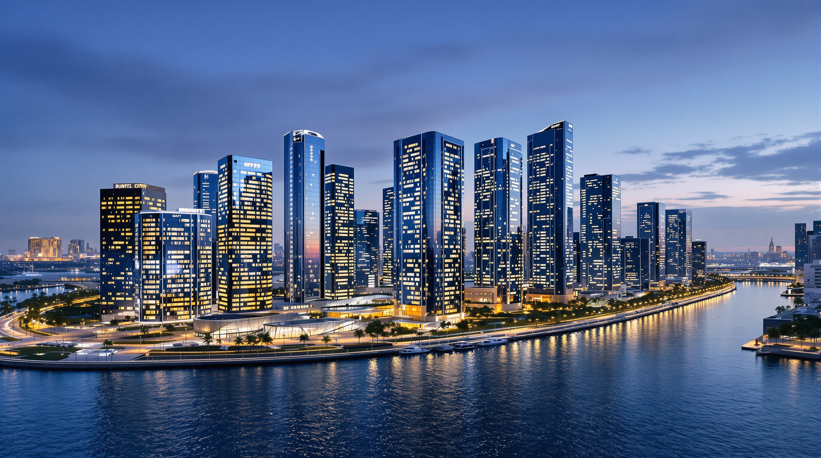 A wide dusk view of the built GIFT City skyline — clusters of rectilinear glass office towers of moderate height along a canal-side promenade, notably free of any serpent-shaped supertall, lights coming on across the financial district