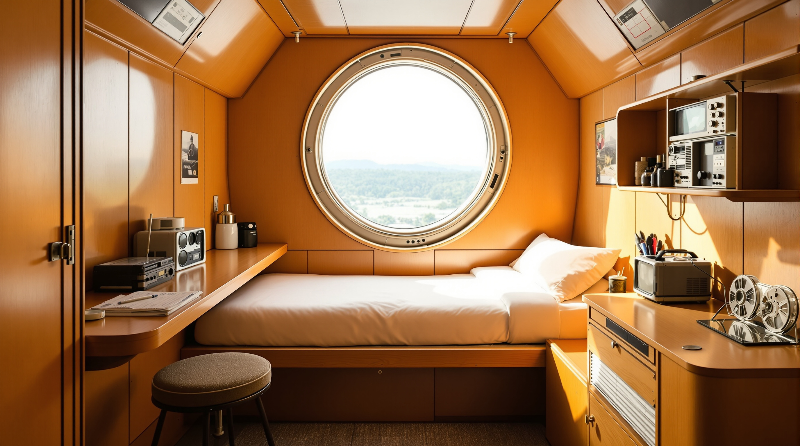 A single restored Nakagin capsule interior: a compact ten-square-metre pod with a built-in bed, a large round porthole window flooding the space with daylight, a fold-down desk and wall-mounted vintage appliances including a reel-to-reel deck and a small television