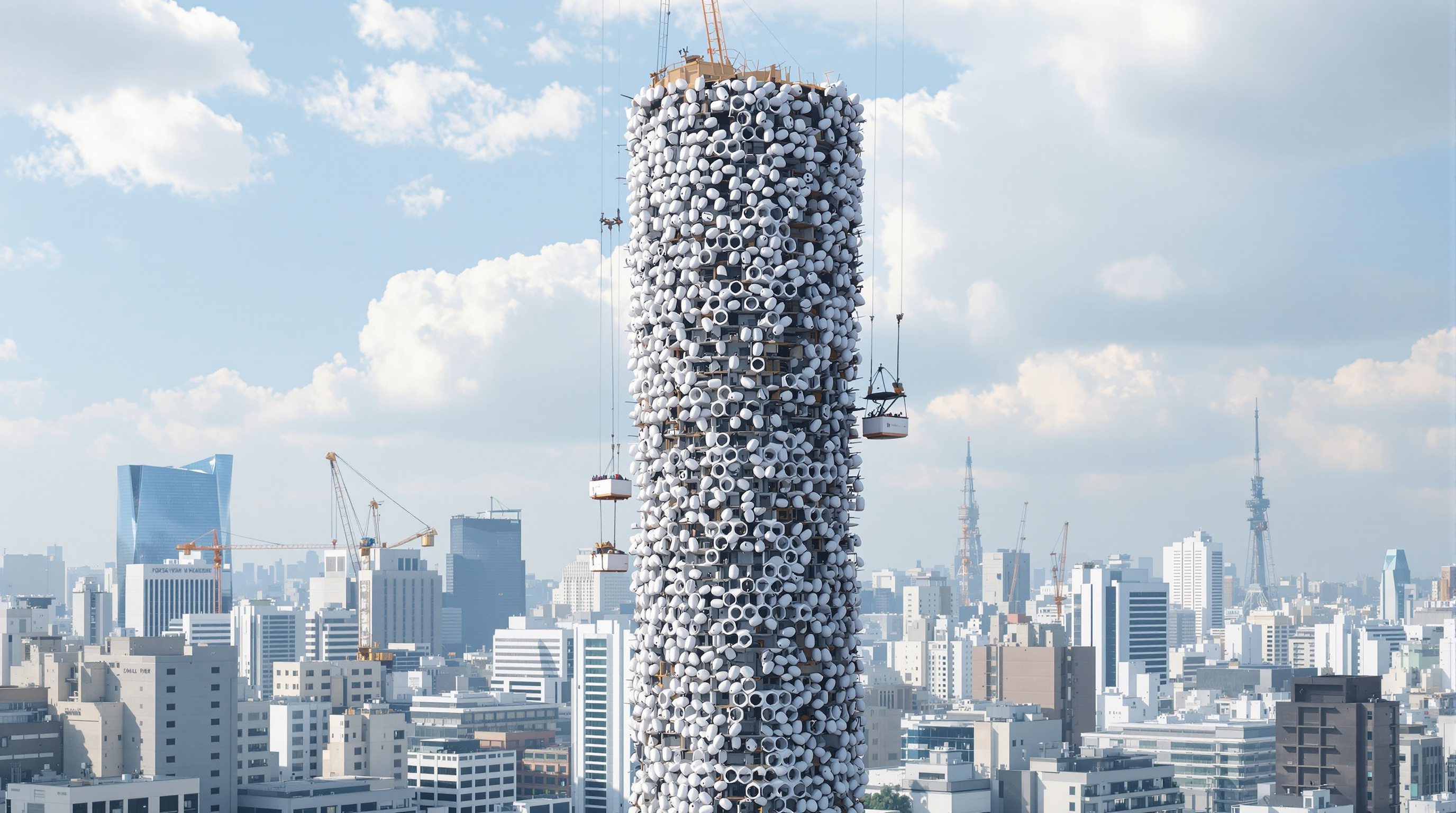The Nakagin Capsule Tower mid-demolition in 2022: cranes lifting individual white capsules away from the exposed concrete cores one by one, the pixelated silhouette half dismantled against the Tokyo skyline